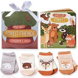 Tickle & Main Forest Friends 5-Piece Gift Set for Infants 0-12 Months, Includes Storybook and 4 Pairs of Animal Socks Woodland Baby Shower Gifts for Girls Baby Shower Gifts for Boys