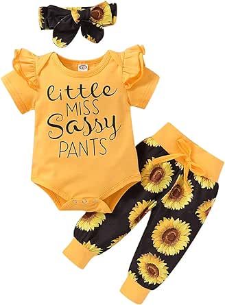 MIEKISA Baby Girls Newborn 3PCS Top T Shirt Pants Headband Infant Outfit Clothing Sets Bodysuit