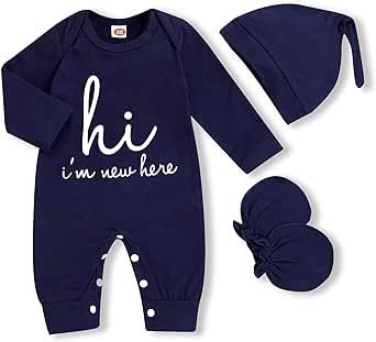 GRNSHTS Newborn Baby Boy Romper Coming Home Outfits Letter Print Bodysuit Jumpsuit+Hat+Gloves 3PCS Clothes Set