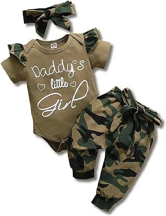 AMAWMW Baby Girl Clothes Set Daddys Little Girl Ruffle Romper Top Camouflage Pants Newborn Infant Baby Girl Outfit