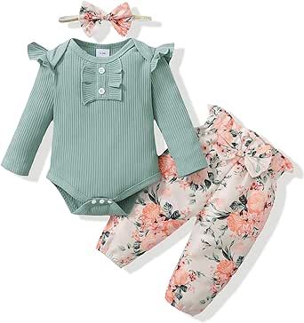 Mioglrie Newborn Infant Baby Girl Clothes Romper Pants Set Floral Outfits Cotton Baby Clothes for Girls