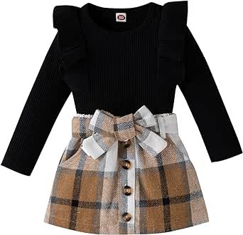 Amberetech Baby Girl Clothes Set Knitted Ribbed Ruffle Long-Sleeved Top and Aolid Color Button Skirt Fall Clothes Set (9M-4Y)