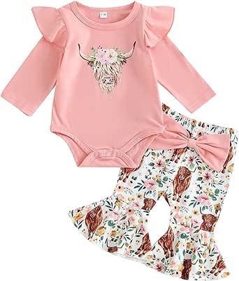 TheFound Western Baby Girl Clothes Ruffle Romper Cow Print Bell Bottoms Cowgirl Outfits for Girls Newborn Cute 2Pcs Fall Set