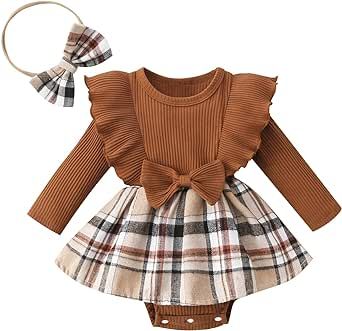 Madjtlqy Toddler Baby Girl Fall Winter Outfit Set Plaid Romper Dress Ruffles Long Sleeve Clothes Jumpsuit with Bow Headband