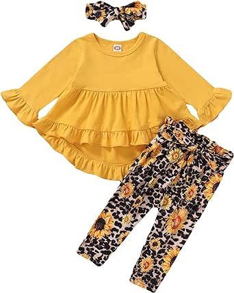 Baby Girl Clothes Toddler Girl Sunflower Outfit Ruffle Sleeve Shirt Floral Pant Set Fall Winter Clothing for Girl