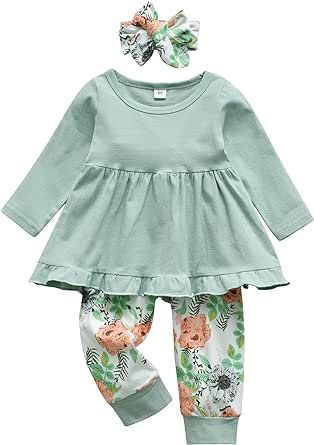 Kulcerry Toddler Baby Girl Clothes Solid Color Long Sleeve Ruffle Tops Pants Headband Outfits Set