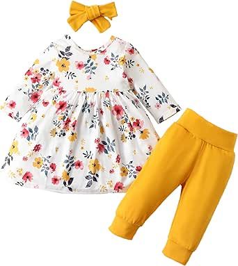 Amberetech Toddler Baby Girl Fall Winter Clothes Set Floral Long Sleeve Top and Pant with Cute Headband 3 Pieces Outfit Set