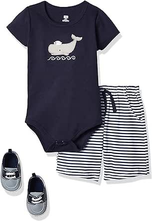 Hudson Baby Unisex Baby Cotton Bodysuit, Shorts and Shoe Set