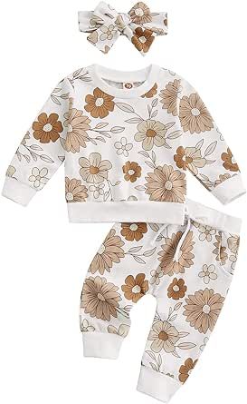 CIYCUIT 3Pcs Baby Girl Outfits Daisy Sweatshirt + Pants + Headband Infant Fall Winter Clothes