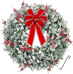 Huadanbor Christmas Wreath, Flocked Lambs Ear Wreath for Front Door, 24 Inch Wreaths with Metal Hanger, for Autumn and Winter, Indoors,Outdoors, corridors, Offices. (Green)
