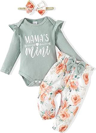 Mikrdoo Newborn Baby Girl Clothes Baby Thanksgiving Outfit/Infant Daily Clothing Long Sleeve Romper 3 Pieces Pants Set