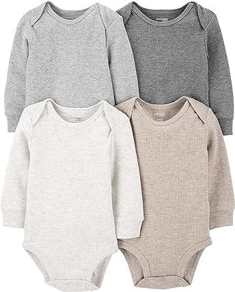 Simple Joys by Carter's Baby Girls' Long-Sleeve Thermal Bodysuits, Pack of 4, Beige/Dark Grey/Grey/Ivory, 0-3 Months